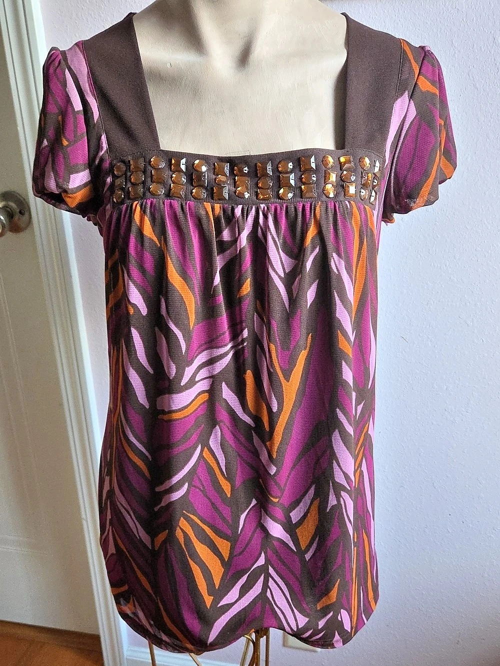 apt.9 Abstract Embellished Blouse in Purple & Brown Small
